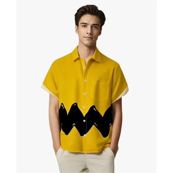 ❤️Men Yellow Print Short Sleeve Hawaiian Fit Casual Button Down Beach Shirt - Picture 5 of 7